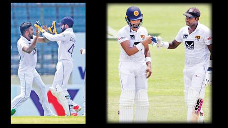 Asitha Fernando, who made an early breakthrough, celebrating a wicket with wicketkeeper Niroshan Dickwella.-Dinesh Chandimal (L), who scored his 12th Test century, is congratulated by Angelo Mathews, who also scored his 13th Test century. (Picture courtesy SLC)