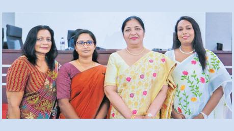 The newly elected Netball officials: From left: Padmini Horanage (Treasurer), Nitharshana Kulenthiran (Assistant Secretary), Victoria Lakshmi (President) and Vindana Dayaratne (Secretary). (Picture courtesy Sports Ministry media)