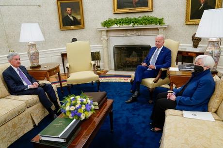 President Joe Biden meets with Treasury Secretary Janet Yellen, right, and Federal Reserve Chairman Jerome Powell in the Oval Office of the White House, Tuesday, May 31, 2022, in Washington.