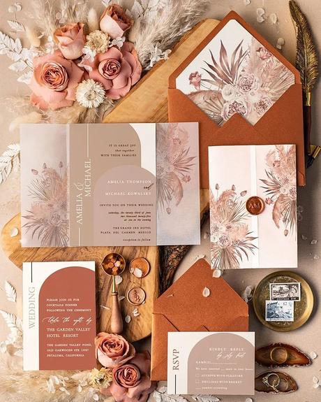 rust wedding invitations vintage flowers invites