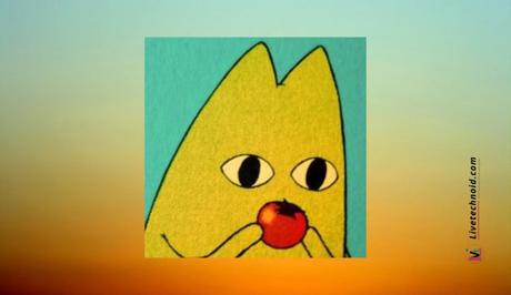 Cartoon cat eating a tomato