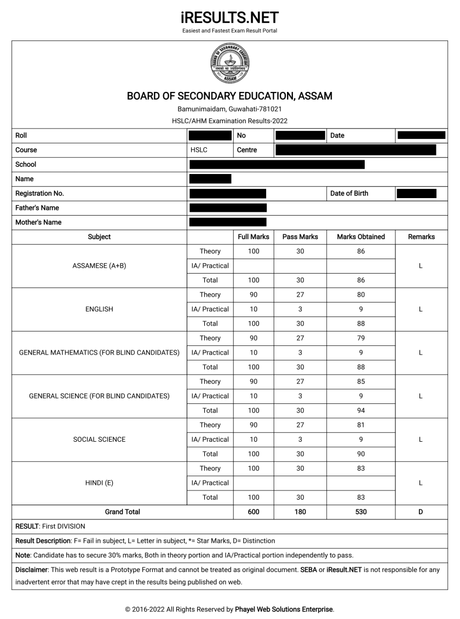 SEBA HSLC Result Marksheet