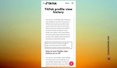 TikTok users above 16 years with less than 5,000 followers could access the profile view history feature.