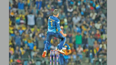 Dunith Wellalage celebrating his maiden ODI wicket