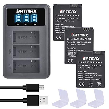 Batmax 3Pcs 1250mAh AHDBT-301 Li-ion Battery + 3-Slots LED USB Charger for GoPro Hero3, Hero3+ GoPro AHDBT-201, AHDBT-301, AHDBT-302 Cameras
