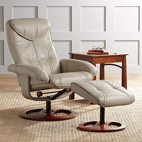 Newport Taupe Swivel Faux Leather Recliner Chair with Ottoman Footrest Modern Armchair Ergonomic Manual Reclining Adjustable Upholstered for Bedroom Living Room Reading Home Relax - BenchMaster