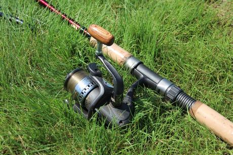 Fishing rod on a green grass