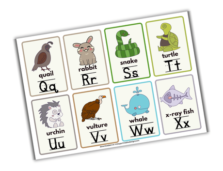 printable animal alphabet flashcards q-x