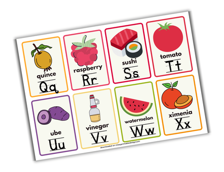 printable food alphabet flashcards q-x