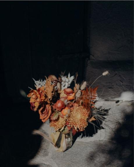 rust wedding flowers with wild flowers
