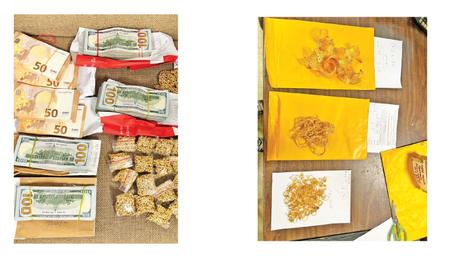 The seized foreign currency.-Some of the jewellery, gold biscuits seized by Customs officials.