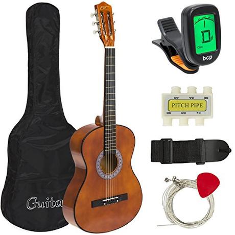 Best Choice Products 38in Beginner All Wood Acoustic Guitar Starter Kit w/Case, Strap, Digital Tuner, Pick, Strings - Brown