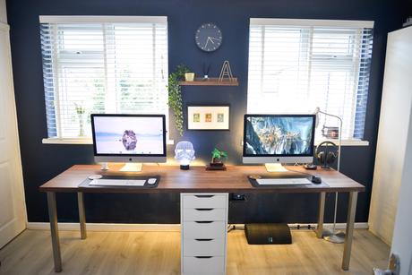 Karlby Desk Hack, IKEA Karlby, IKEA office hack, Office hack, home office double desk, double desk, karlby kitchen worktop desk hack, kalrby desk, kalby office desk, home office decor, home office feature wall, navy blue home office, walnut desk office