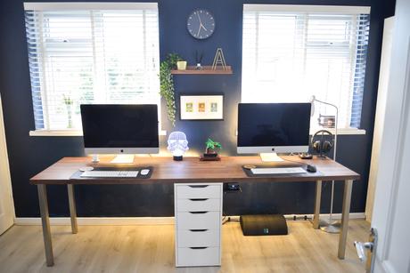 Karlby Desk Hack, IKEA Karlby, IKEA office hack, Office hack, home office double desk, double desk, karlby kitchen worktop desk hack, kalrby desk, kalby office desk, home office decor, home office feature wall, navy blue home office, walnut desk office