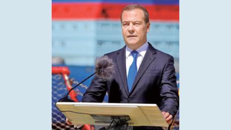 Deputy Chairman of Russia’s Security Council Dmitry Medvedev delivers a speech during a ceremony marking Shipbuilder’s Day in Saint Petersburg, Russia.