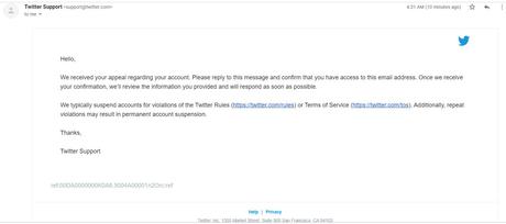 email from Twitter on suspension
