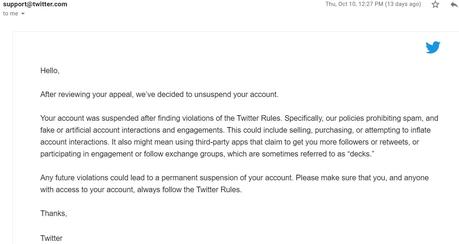 Twitter account unsuspended