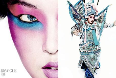 The Grand Masters in Vogue China featuring Tian Yi and Song Xiaochuan. Photo by Mario Testino