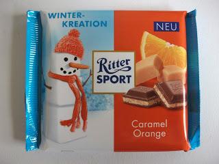 Christmas editition of Ritter Sport containing a caramel and orange flavor cream filling