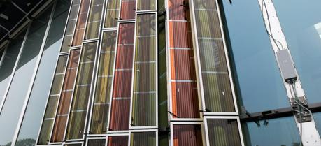 A view of the solar window form outside the SwissTech Convention Center.