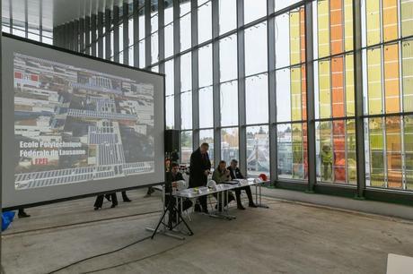 A view of the solar window form inside the SwissTech Convention Center.