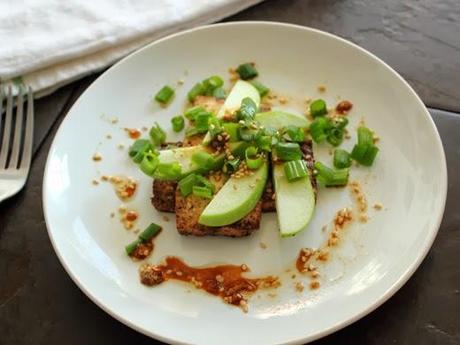 Pan Fried Tofu with Green Apple Slices, Scallions, and a Soy Sesame Dressing