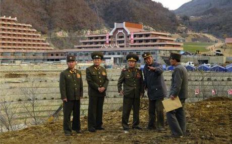 VMar Choe Ryong Hae (3rd L) visits the construction of Masik Pass Ski Resort in Kangwo'n Province (Photo: Rodong Sinmun).