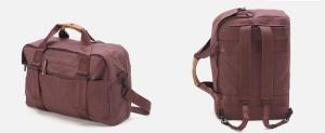 This bag is the Weekender by QWSTION. It can be turned into a backpack and contains a 17-inch Neoprene laptop sleeve.