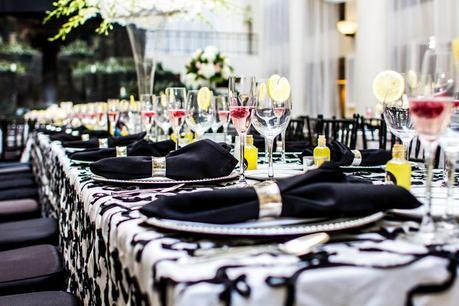 Black and white tablescapes were brightened up with pops of color Fantastic Philly Wedding