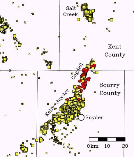 Map of the study area, showing 2009–2011 earthquakes, red circles, located in this study, and wells injecting water, yellow squares. Image credit: Wei Gana / Cliff Frohlich.