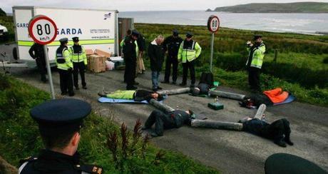 A “lock-on” protest against the Corrib Gas project in 2008. Liamy MacNally claims his coverage of the controversy resulted in his being made redundant by Midwest Radio. Photo Shay Fennelly.