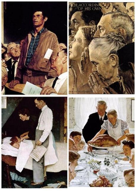 President Roosevelt's speech inspired four paintings by Norman Rockwell.  Clockwise from upper-left: freedom of speech, freedom of religion, freedom from fear, and freedom from want.
