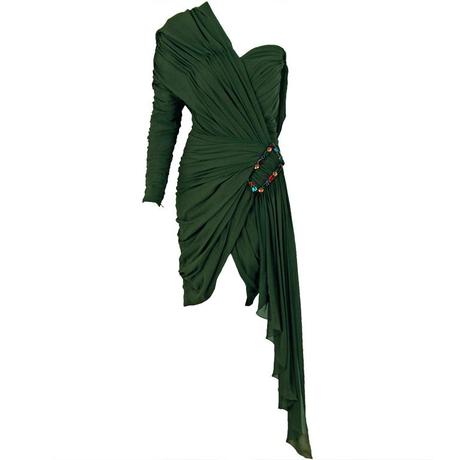 1985 Jean Patou Haute-Couture Rare Green Silk Asymmetric Dress