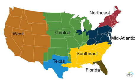 The gray area in Northern Maine is an area of the continental United States that is not connected to the wider U.S. grid. (Source: U.S. Energy Information Administration)