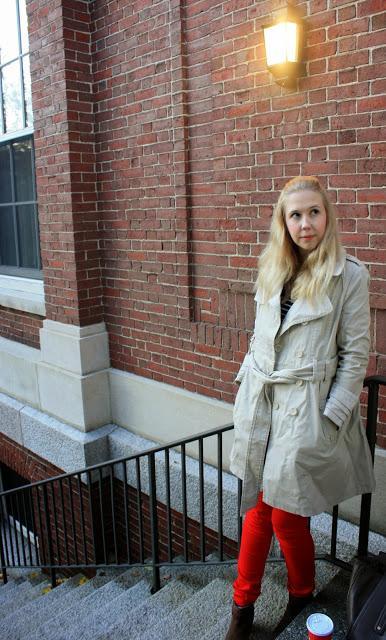 Harvard Square Red Jeans DKNY trench