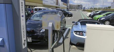 An electric vehicle charging place neat Lalaport Iwata shopping mall in Iwata city, Japan.