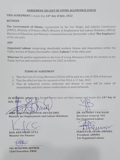 Gov’t, Organised Labour agree on 15% COLA; unions to call off strike