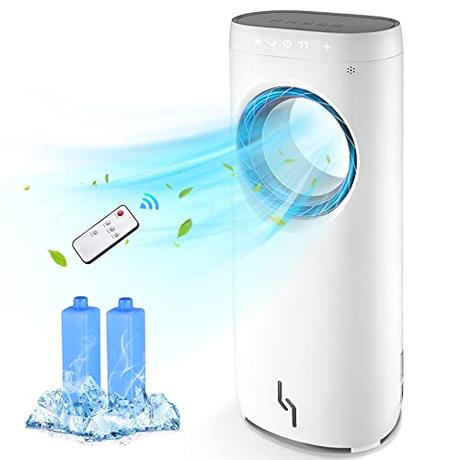 Evaporative Air Cooler - Trustech Portable Air Cooler, Cool & Humidifying with 3 Speeds, 12H Timer Evaporative Cooler, Bladeless Fan Ice Boxes Contained, Remote Control Tower Fan for Large Room Office