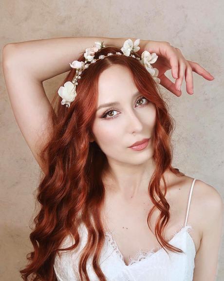 wedding hairstyles headband with flowers on loose red haired bride gardensofwhimsy