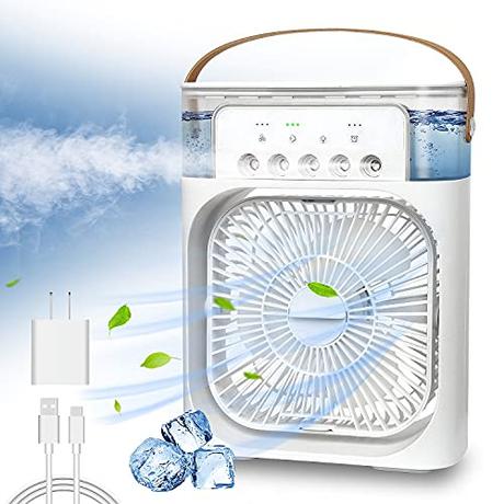 NTMY Portable Air Conditioner Fan, Mini Evaporative Air Cooler with 7 Colors LED Light, 1/2/3 H Timer, 3 Wind Speeds and 3 Spray Modes for Office, Home, Dorm, Travel(White)