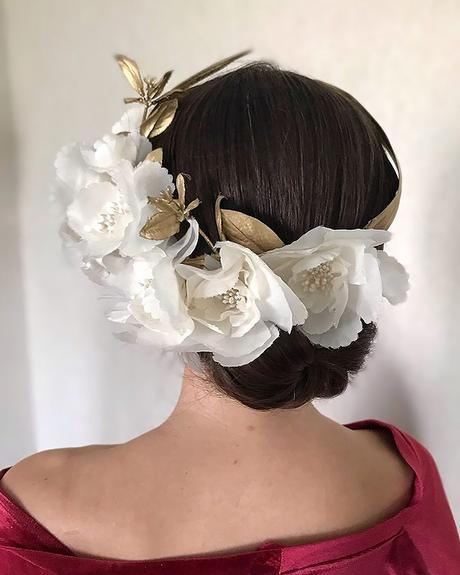 bridal hairpiece low bun with flower crown julia_alesionok
