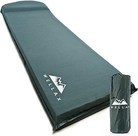 WELLAX Sleeping Pad - Foam Camping Mats, Fast Air Self-Inflating 3 Inches Insulated Durable Mattress for Backpacking, Traveling and Hiking - Ultrathick All-Weather Foam Pad with Build in Pillow