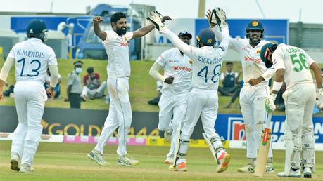 Sri Lankan leg spinner Prabath Jayasuriya who took five wickets in the second innings celebrating a wicket. He was adjudged the Man of the Series. Picture by Hirantha Gunathilaka