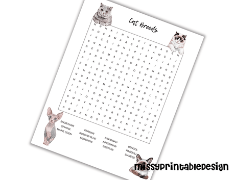 cat breeds word search