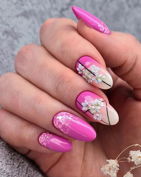 classy wedding nails pink ombre with volume flowers nastroenie.nails