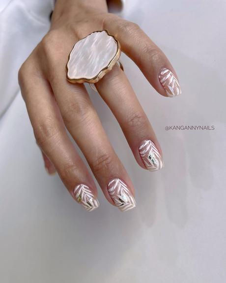 nude wedding nails natural with white leaves kangannynails