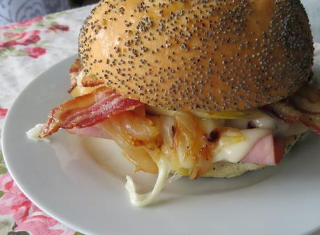 Hot Ham & Cheese Sandwich with Bacon & Caramelized Onions