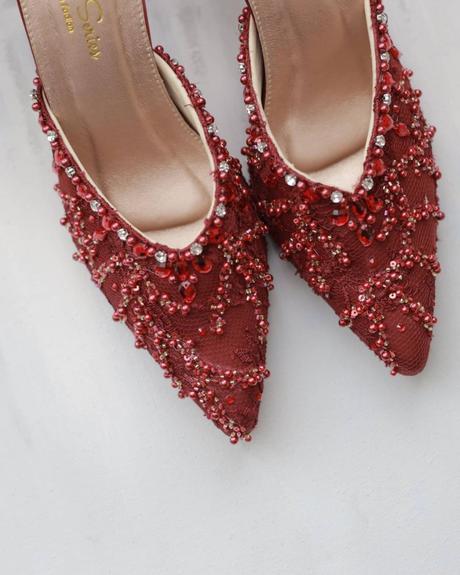 burgundy wedding shoes lace and beads brideseries