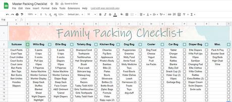 screenshot of family packing checklist spreadsheet