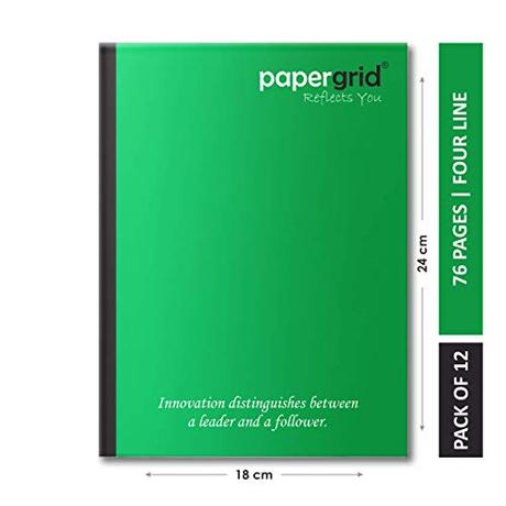 Papergrid Notebook - King Size (24 cm x 18 cm), Four Line, 76 Pages, Soft Cover - Pack of 12